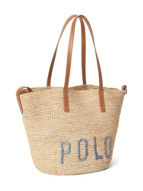 Polo by Ralph Lauren Natural Straw Tote with Brown Leather Straps and Blue Logo